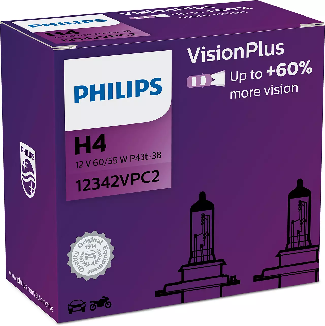 H4 12V 60/55W P43t Vision Plus +60%  2 St. Philips